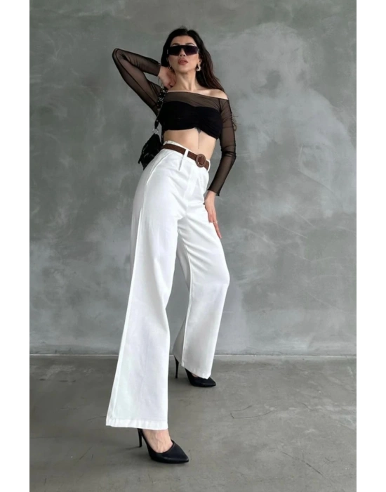 Kadın Beyaz Yüksek Bel Keten Kumaş Rahat Kesim Örgü Kemerli Palazzo Pantolon