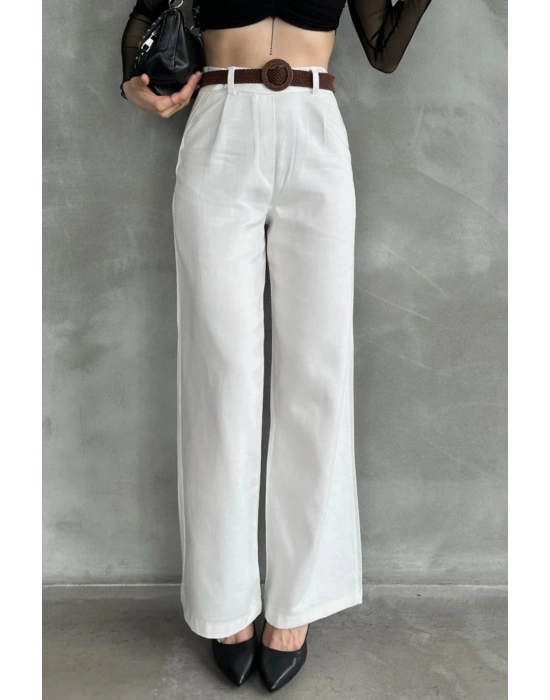 Kadın Beyaz Yüksek Bel Keten Kumaş Rahat Kesim Örgü Kemerli Palazzo Pantolon