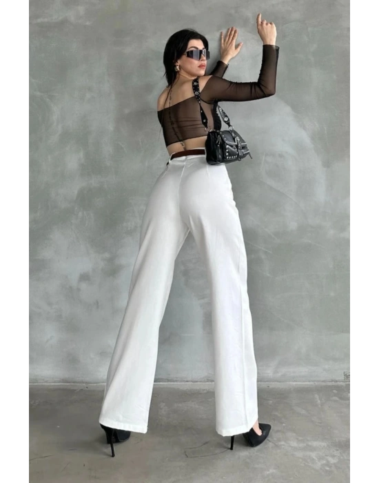 Kadın Beyaz Yüksek Bel Keten Kumaş Rahat Kesim Örgü Kemerli Palazzo Pantolon