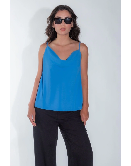 Kadın Degaje Yaka Askısı Ayarlanabilir Kadın Yazlık Bebe Mavisi Askılı Bluz