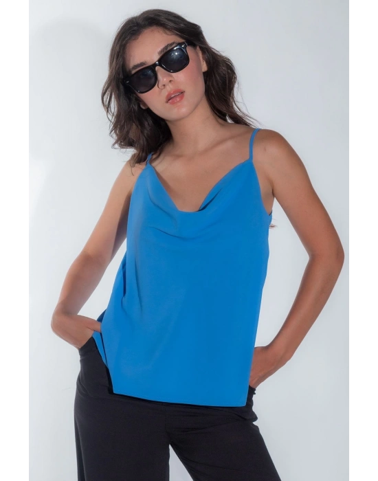 Kadın Degaje Yaka Askısı Ayarlanabilir Kadın Yazlık Bebe Mavisi Askılı Bluz