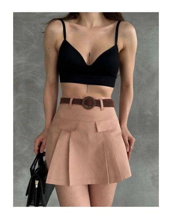 Kadın Vizon Piliseli Kemerli Mini Şortlu Etek