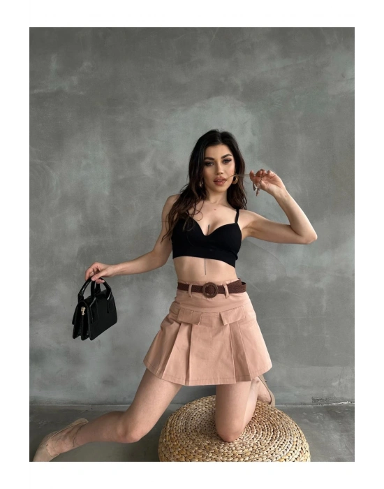 Kadın Vizon Piliseli Kemerli Mini Şortlu Etek