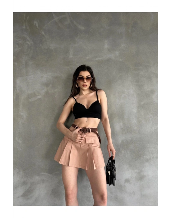 Kadın Vizon Piliseli Kemerli Mini Şortlu Etek