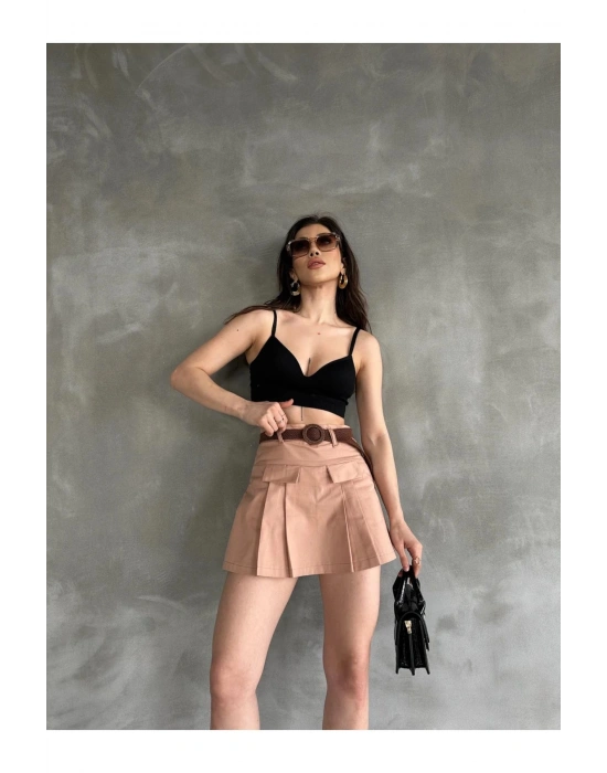 Kadın Vizon Piliseli Kemerli Mini Şortlu Etek