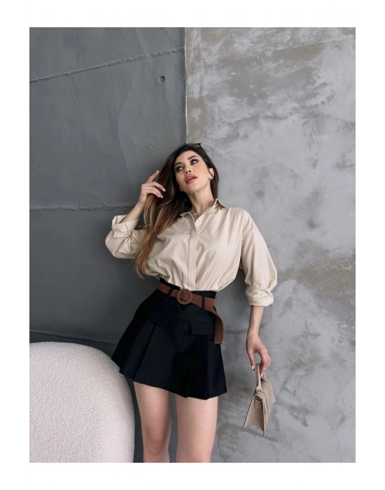 Kadın Siyah Piliseli Kemerli Mini Şortlu Etek