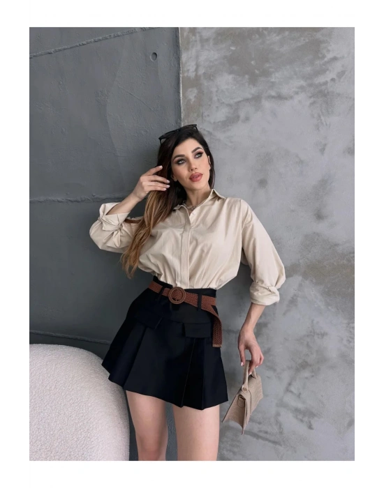 Kadın Siyah Piliseli Kemerli Mini Şortlu Etek