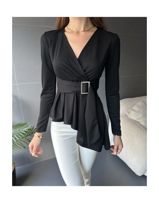 Kadın Siyah Asimetrik Kesim Kemer Detaylı Bluz