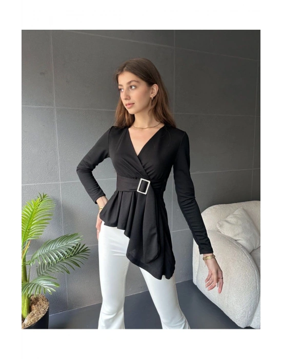 Kadın Siyah Asimetrik Kesim Kemer Detaylı Bluz