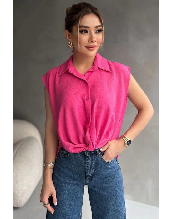 Kadın Keten Bağlama Detaylı Pembe Gömlek Bluz