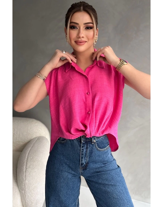 Kadın Keten Bağlama Detaylı Pembe Gömlek Bluz