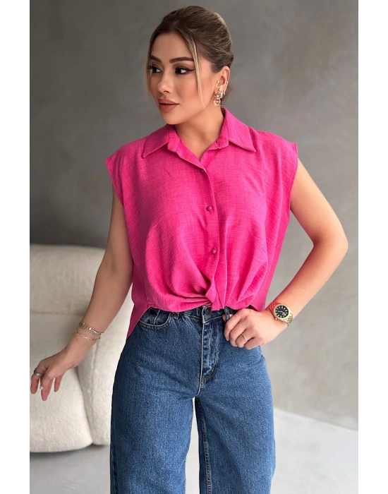 Kadın Keten Bağlama Detaylı Pembe Gömlek Bluz