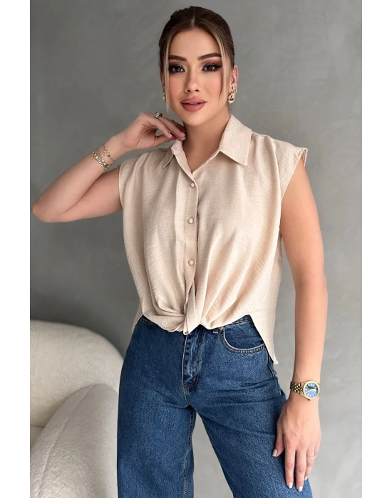 Kadın Keten Bağlama Detaylı Bej Gömlek Bluz