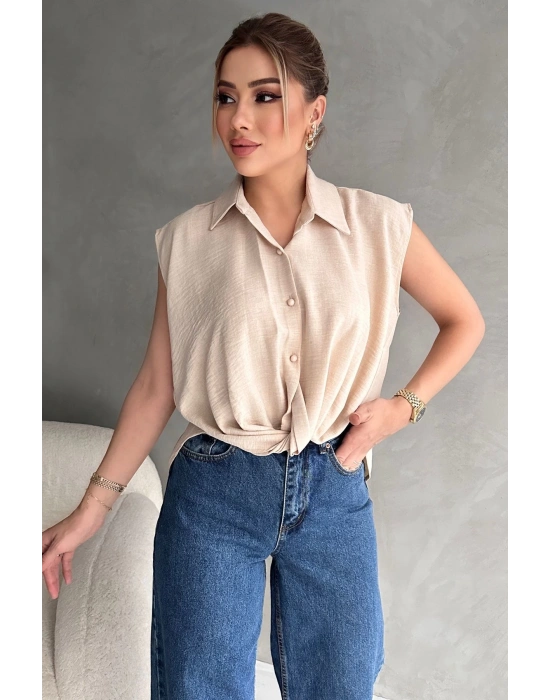 Kadın Keten Bağlama Detaylı Bej Gömlek Bluz