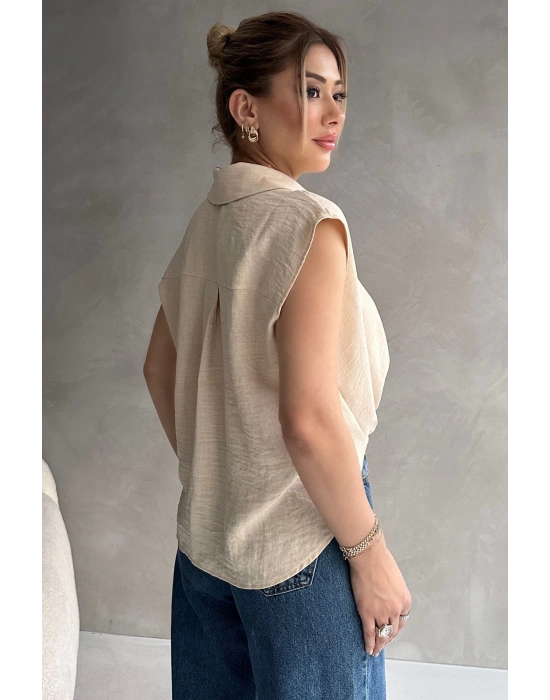Kadın Keten Bağlama Detaylı Bej Gömlek Bluz