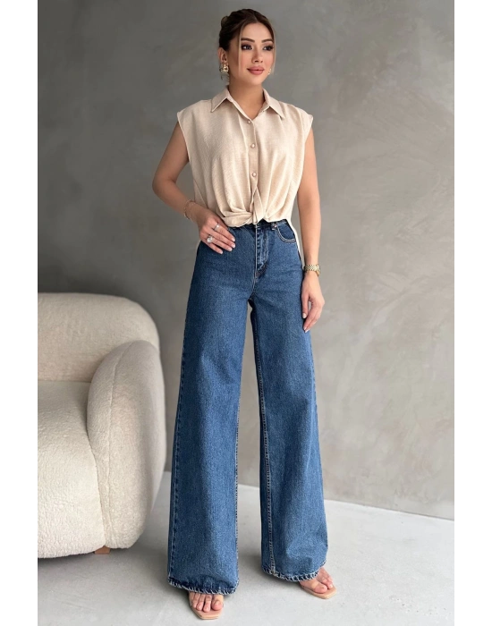 Kadın Keten Bağlama Detaylı Bej Gömlek Bluz