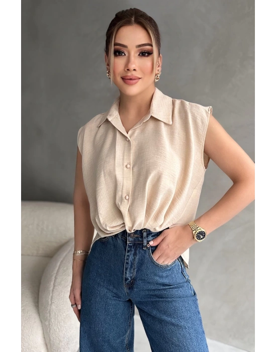 Kadın Keten Bağlama Detaylı Bej Gömlek Bluz