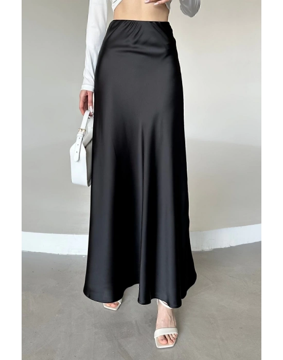 Kadın Siyah Floş Viskon Saten Kemeri Lastikli Fermuarlı Maxi Boy A Line Etek