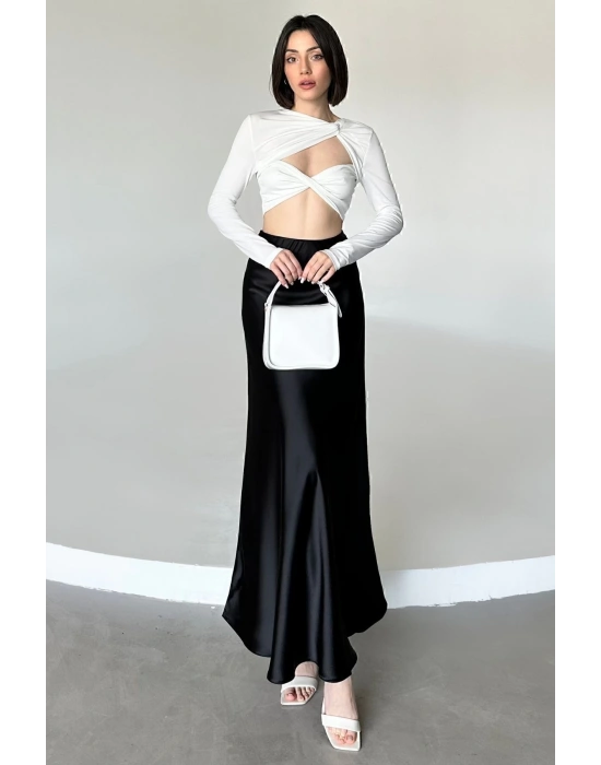 Kadın Siyah Floş Viskon Saten Kemeri Lastikli Fermuarlı Maxi Boy A Line Etek