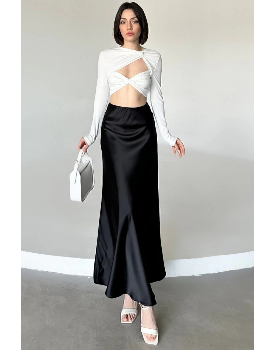 Kadın Siyah Floş Viskon Saten Kemeri Lastikli Fermuarlı Maxi Boy A Line Etek