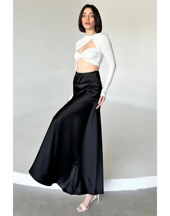 Kadın Siyah Floş Viskon Saten Kemeri Lastikli Fermuarlı Maxi Boy A Line Etek