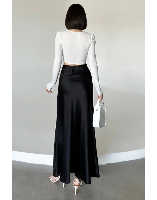 Kadın Siyah Floş Viskon Saten Kemeri Lastikli Fermuarlı Maxi Boy A Line Etek