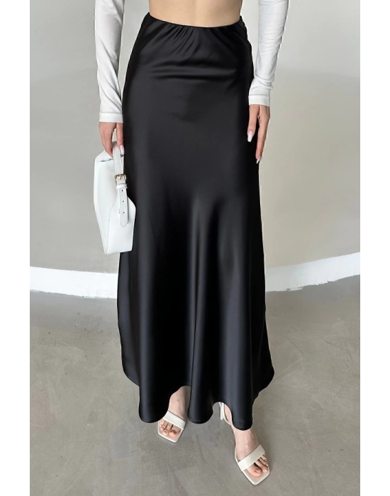 Kadın Siyah Floş Viskon Saten Kemeri Lastikli Fermuarlı Maxi Boy A Line Etek