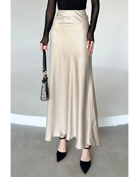 Kadın Bej Floş Viskon Saten Kemeri Lastikli Fermuarlı Maxi Boy A Line Etek