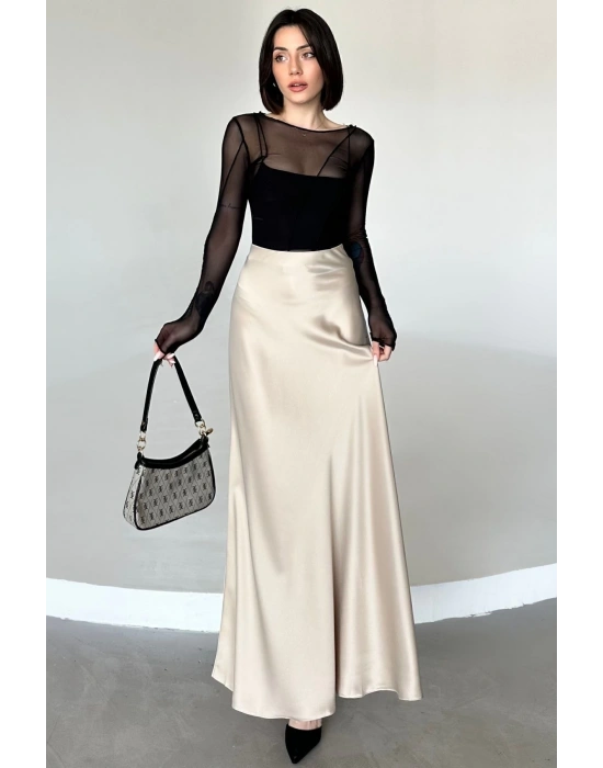Kadın Bej Floş Viskon Saten Kemeri Lastikli Fermuarlı Maxi Boy A Line Etek