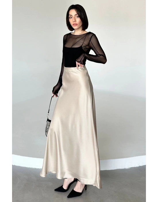 Kadın Bej Floş Viskon Saten Kemeri Lastikli Fermuarlı Maxi Boy A Line Etek