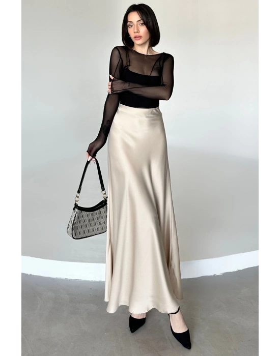 Kadın Bej Floş Viskon Saten Kemeri Lastikli Fermuarlı Maxi Boy A Line Etek