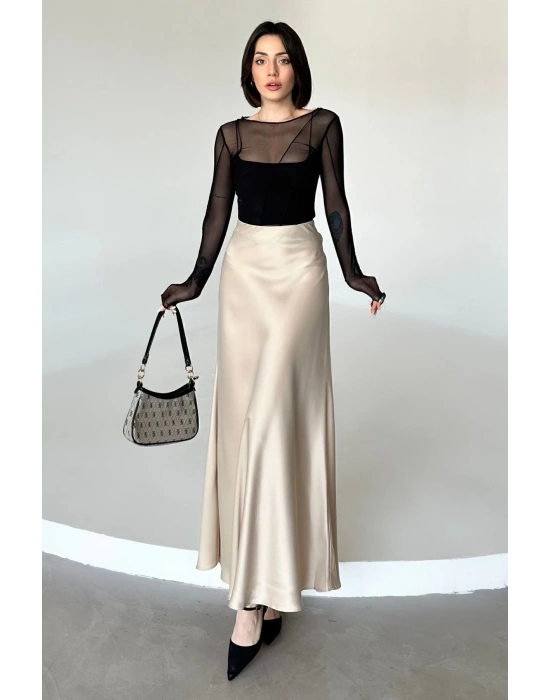 Kadın Bej Floş Viskon Saten Kemeri Lastikli Fermuarlı Maxi Boy A Line Etek