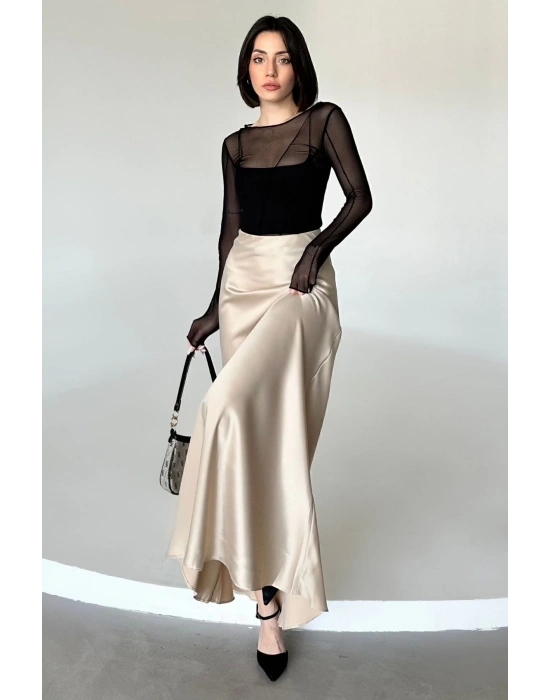 Kadın Bej Floş Viskon Saten Kemeri Lastikli Fermuarlı Maxi Boy A Line Etek