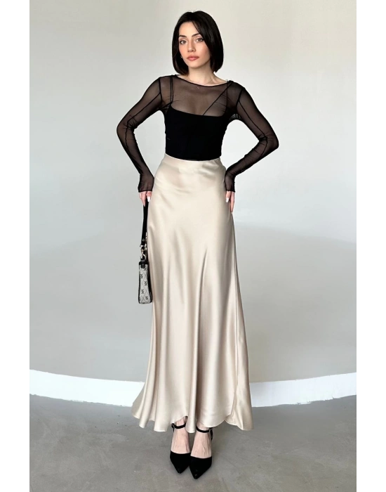 Kadın Bej Floş Viskon Saten Kemeri Lastikli Fermuarlı Maxi Boy A Line Etek