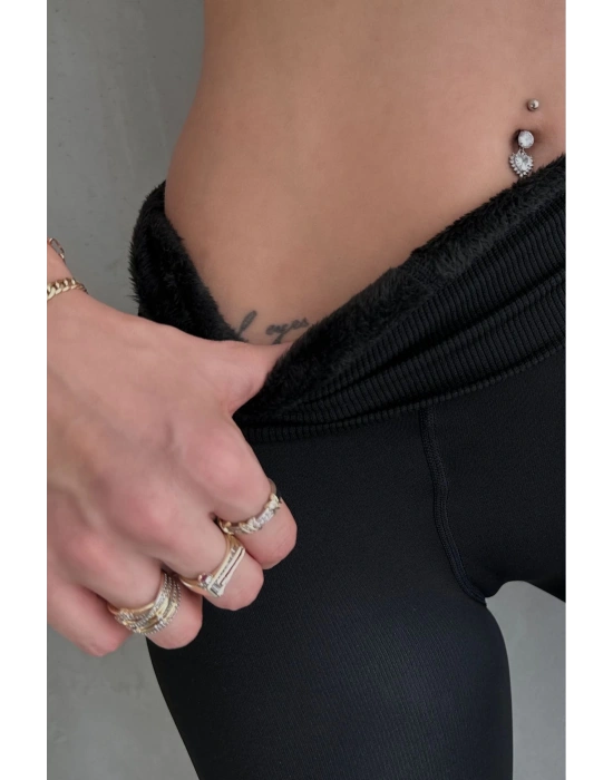 Siyah Kürk Peluşlu Kışlık Termal Sıcacık Tutan Kadın Peluş Tayt