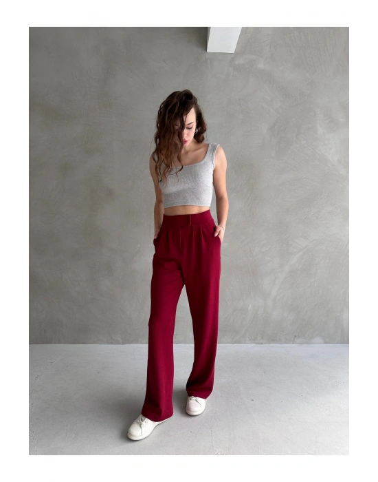 Kadın Bordo Yüksek Bel Krep Kumaş Likralı Rahat Kesim Cırtlı Palazzo Pantolon