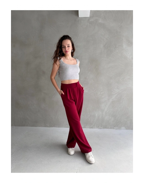 Kadın Bordo Yüksek Bel Krep Kumaş Likralı Rahat Kesim Cırtlı Palazzo Pantolon