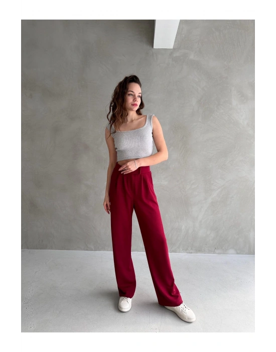 Kadın Bordo Yüksek Bel Krep Kumaş Likralı Rahat Kesim Cırtlı Palazzo Pantolon