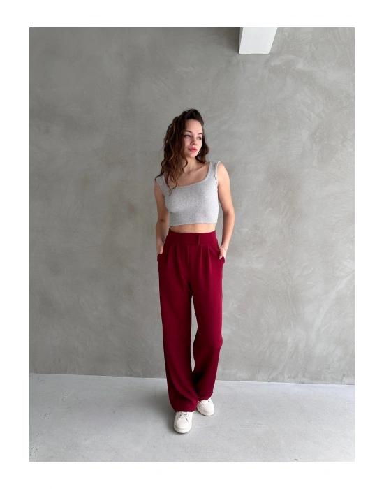 Kadın Bordo Yüksek Bel Krep Kumaş Likralı Rahat Kesim Cırtlı Palazzo Pantolon