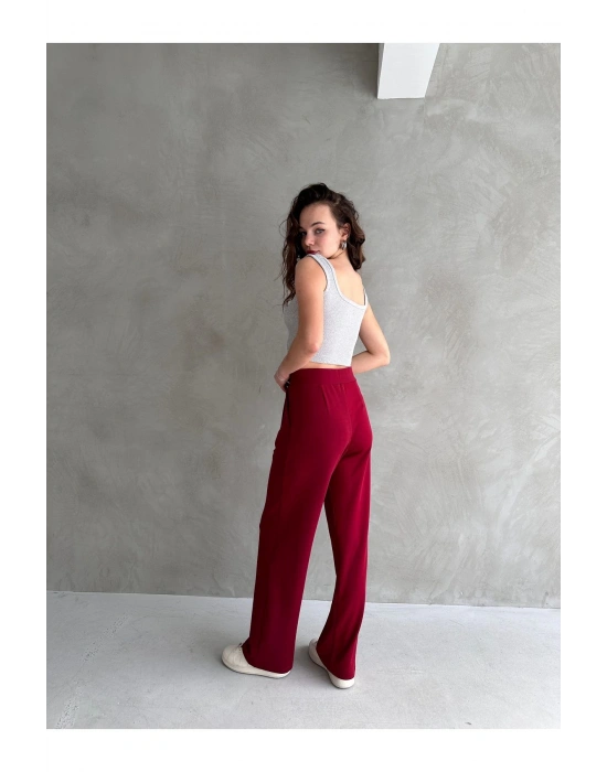 Kadın Bordo Yüksek Bel Krep Kumaş Likralı Rahat Kesim Cırtlı Palazzo Pantolon