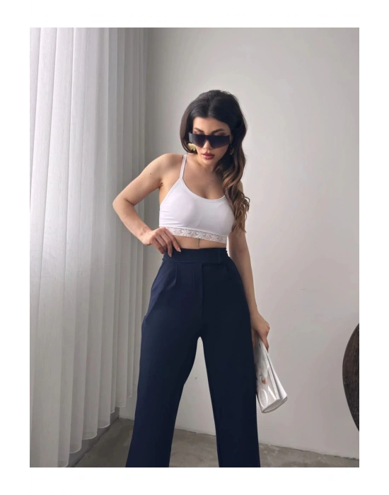 Kadın Lacivert Yüksek Bel Krep Kumaş Likralı Rahat Kesim Cırtlı Palazzo Pantolon