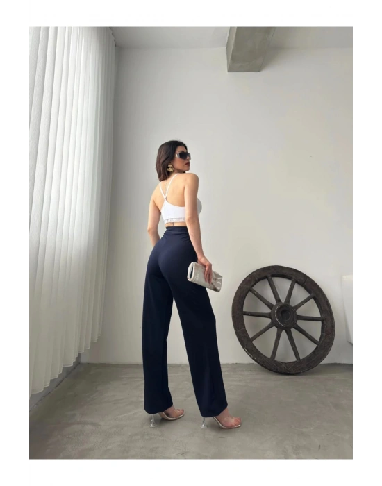 Kadın Lacivert Yüksek Bel Krep Kumaş Likralı Rahat Kesim Cırtlı Palazzo Pantolon