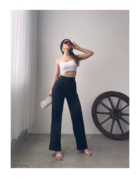 Kadın Lacivert Yüksek Bel Krep Kumaş Likralı Rahat Kesim Cırtlı Palazzo Pantolon
