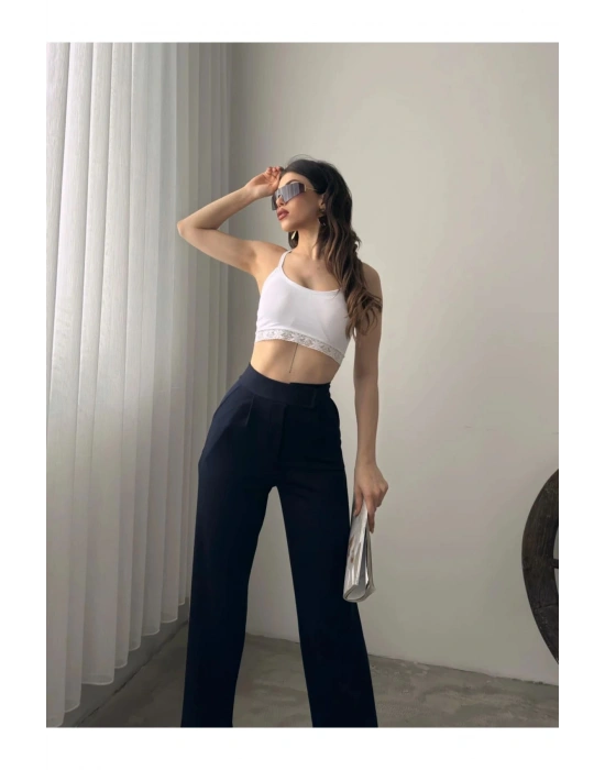 Kadın Lacivert Yüksek Bel Krep Kumaş Likralı Rahat Kesim Cırtlı Palazzo Pantolon