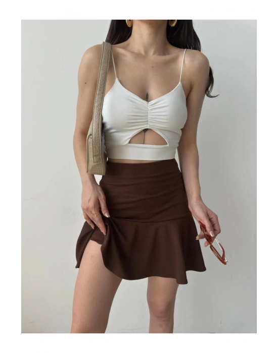 Kadın Kanverengi Esnek Şortlu Volanlı Pileli Viskon Kloş Şort Etek