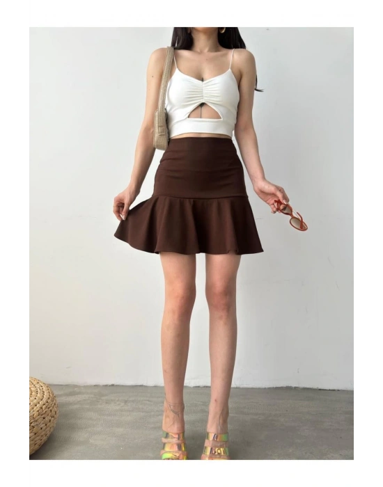 Kadın Kanverengi Esnek Şortlu Volanlı Pileli Viskon Kloş Şort Etek
