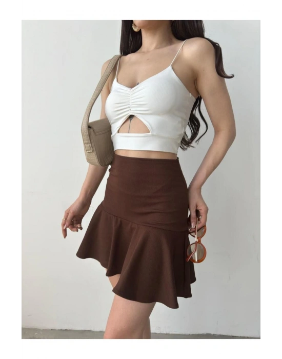 Kadın Kanverengi Esnek Şortlu Volanlı Pileli Viskon Kloş Şort Etek