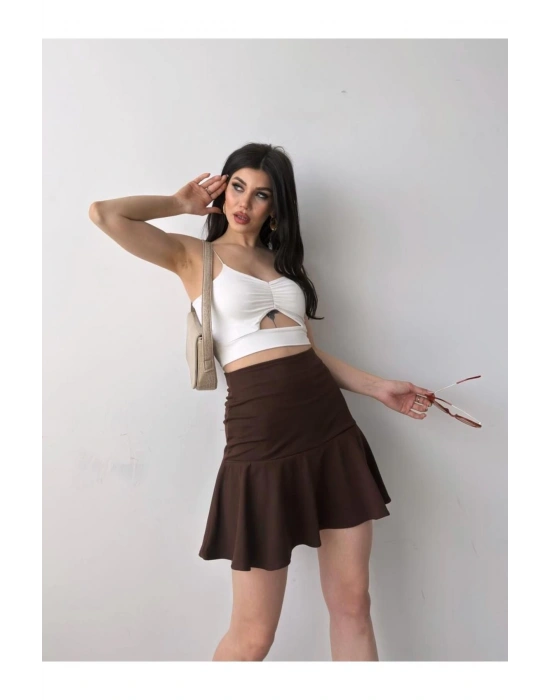 Kadın Kanverengi Esnek Şortlu Volanlı Pileli Viskon Kloş Şort Etek