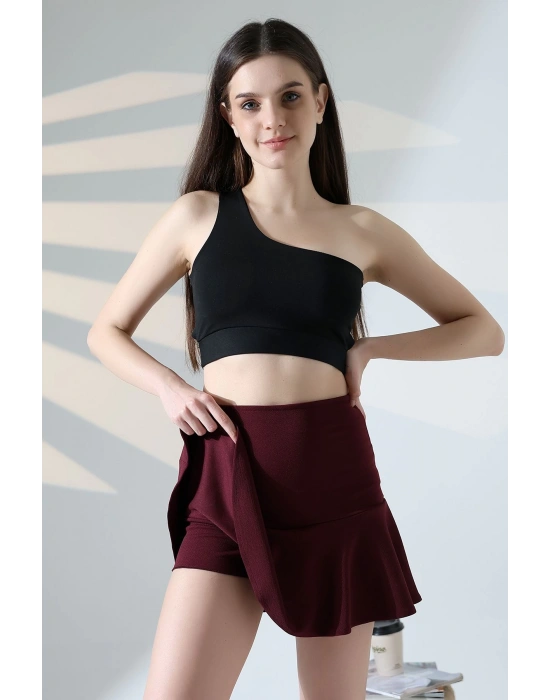 Kadın Bordo Esnek Şortlu Volanlı Pileli Viskon Kloş Şort Etek