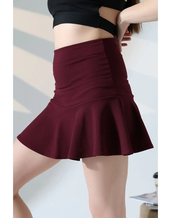 Kadın Bordo Esnek Şortlu Volanlı Pileli Viskon Kloş Şort Etek